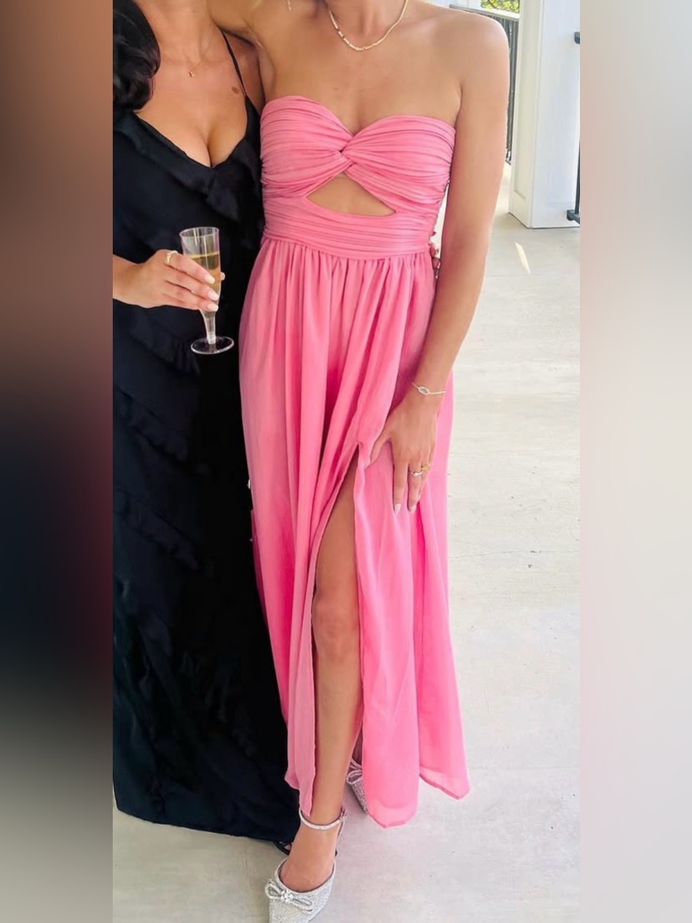 Hello Molly Pink Strapless Midi Dress with Front Cutout